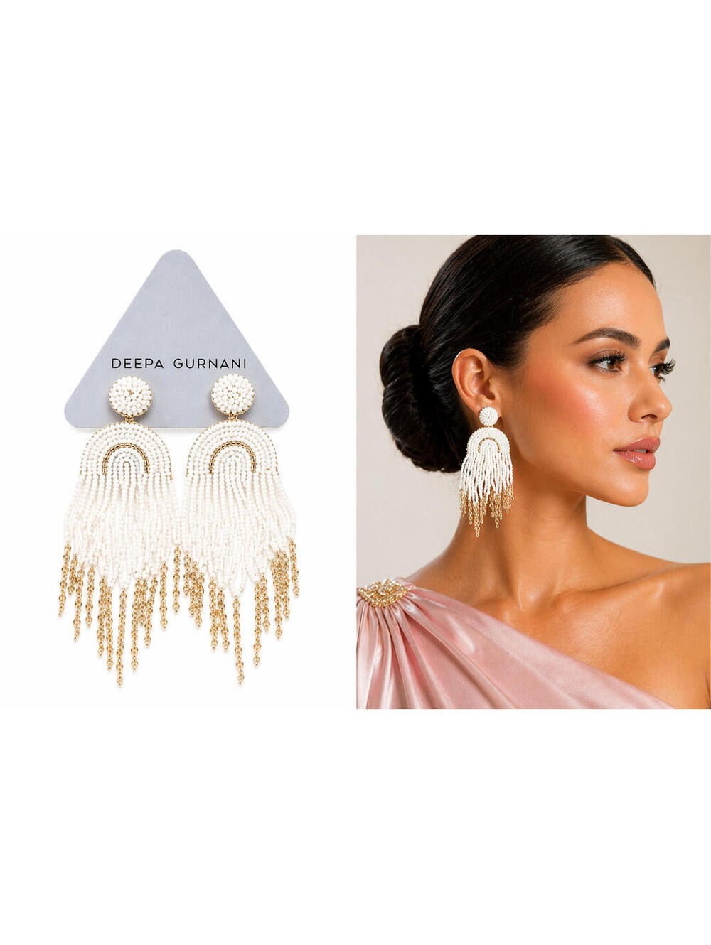 Deepa Gurnani White Beaded Fringe Earrings Statement Bridal Gold Chain Tassel
